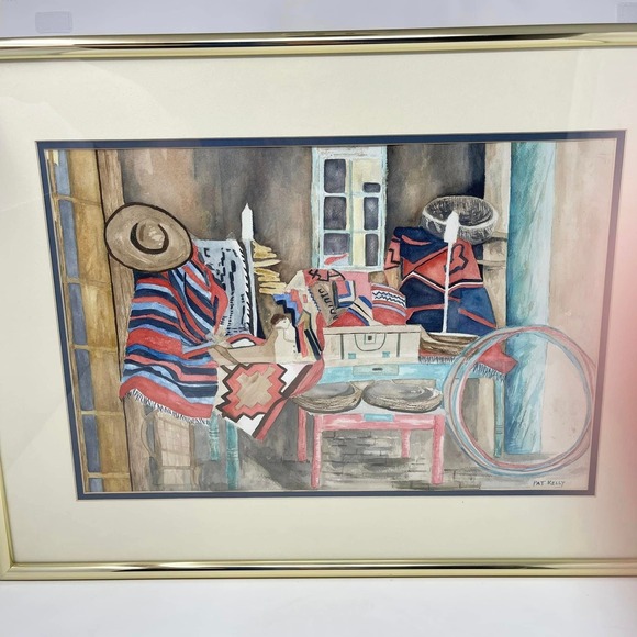 Vintage Framed Art Southwest Navajo Blanket Watercolor Painting Signed Pat Kelly - Picture 3 of 10